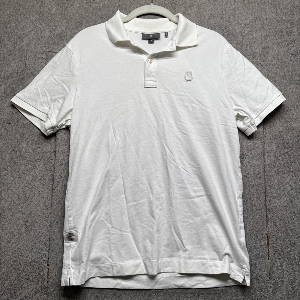 Men's White Polo‎ Shirt Medium Embroidered Logo Preppy Minimalist Casual Style
